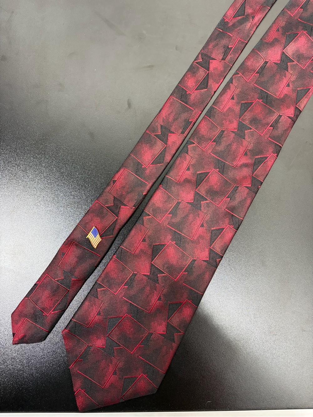Murano Extra Long Burgundy Black Geometric Abstract Men’s Necktie w/ Tie Tack
